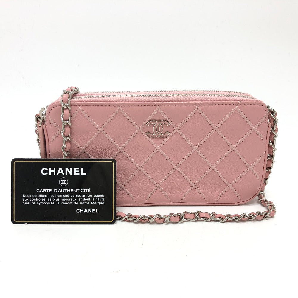 CHANEL Shoulder Bag A82527 lambskin pink CC COCO Mark Matelasse Wild Stitch Women Used Authentic