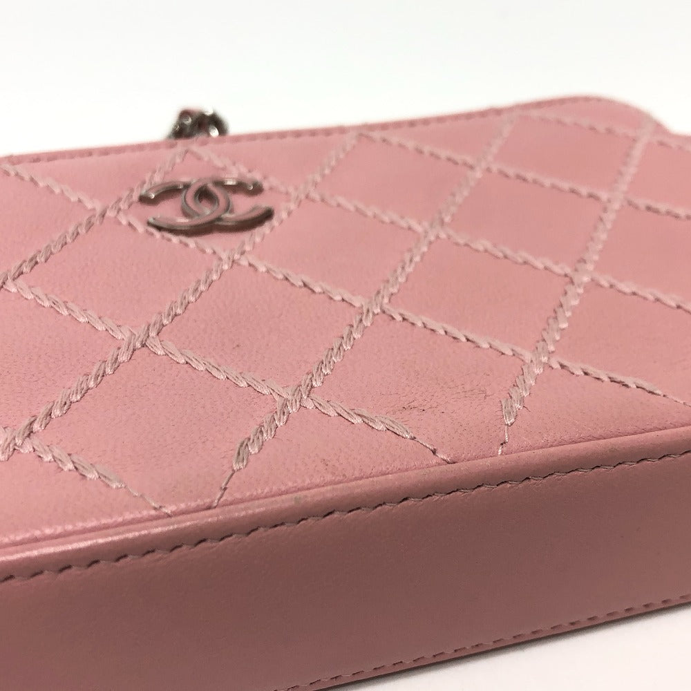 CHANEL Shoulder Bag A82527 lambskin pink CC COCO Mark Matelasse Wild Stitch Women Used Authentic