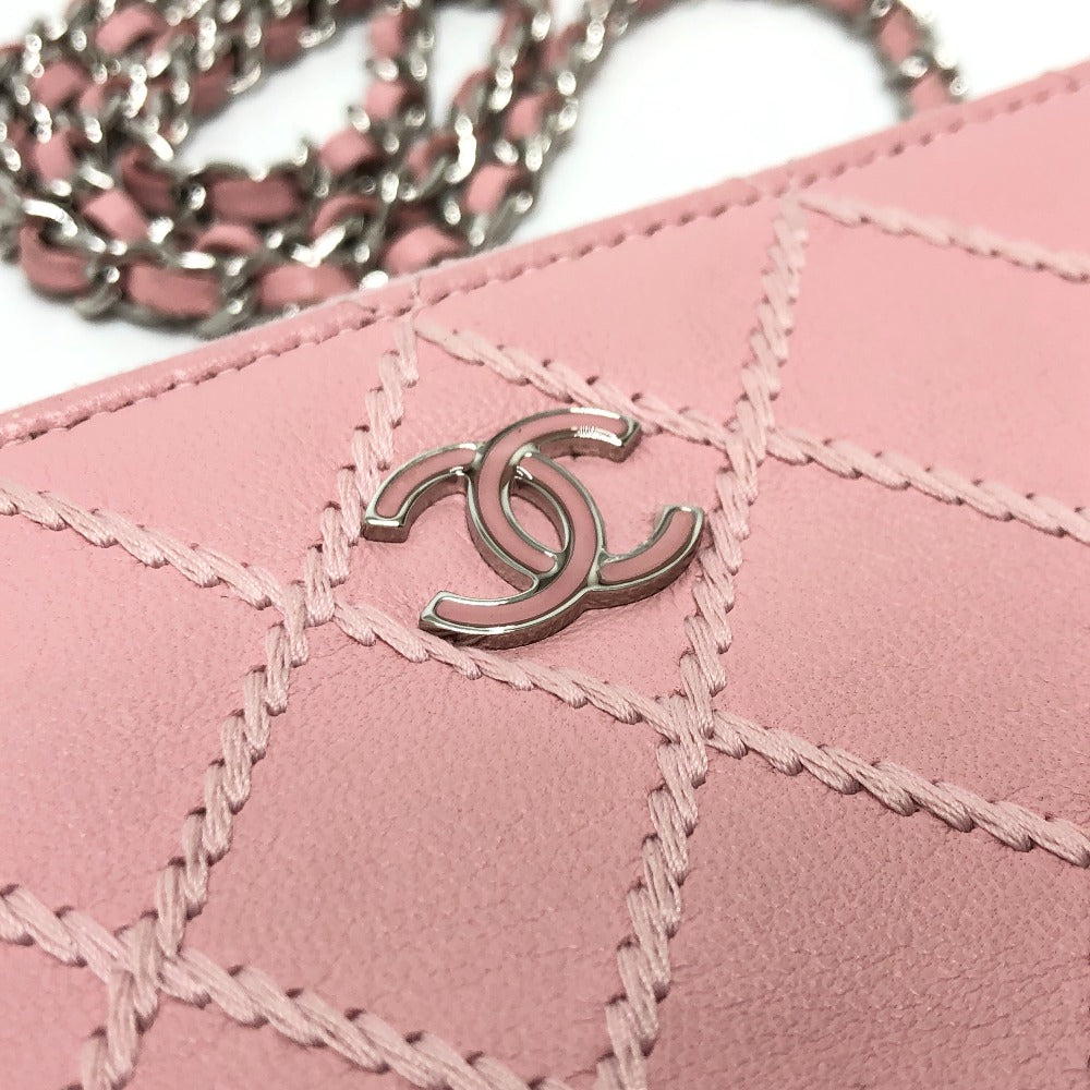 CHANEL Shoulder Bag A82527 lambskin pink CC COCO Mark Matelasse Wild Stitch Women Used Authentic