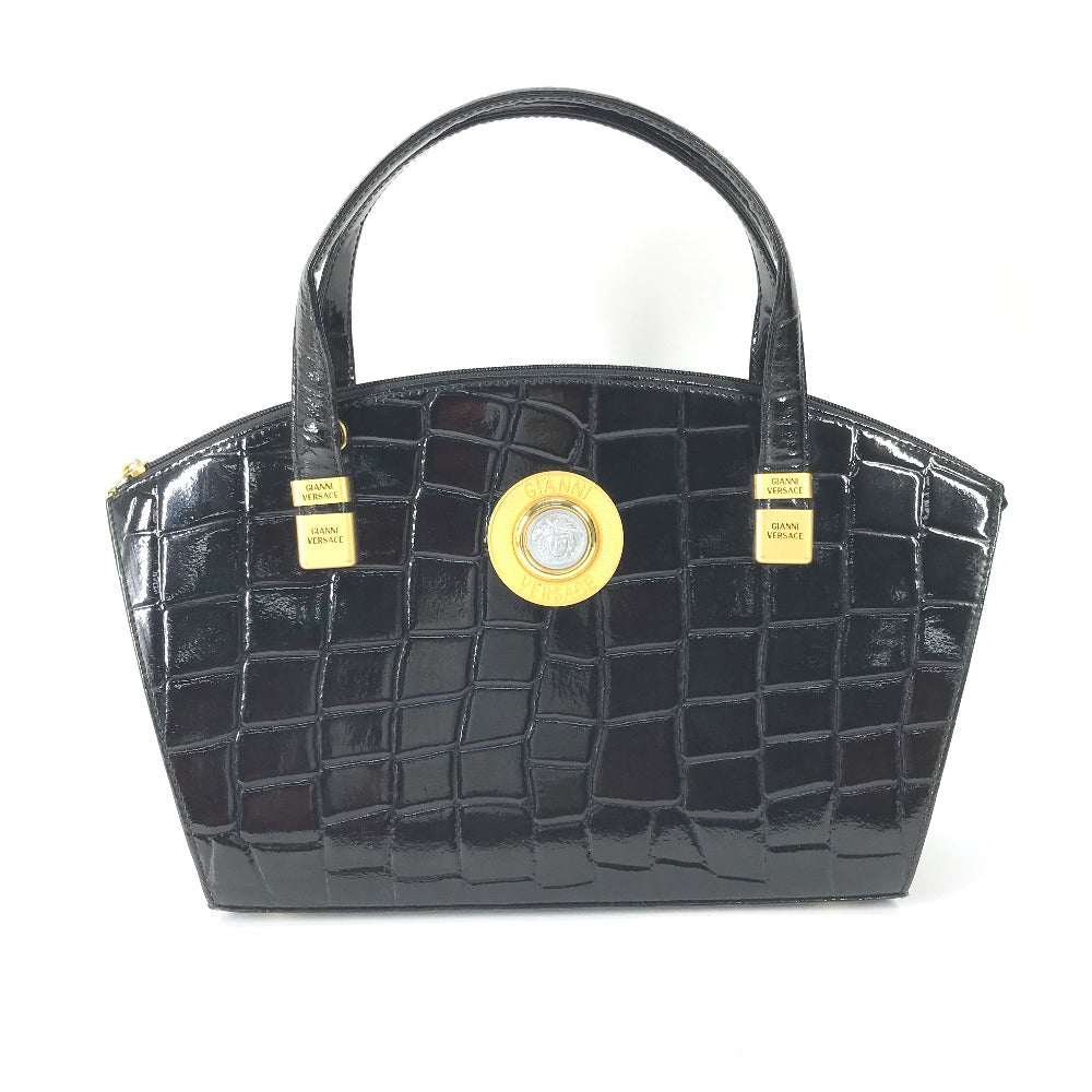 VERSACE Handbag leather black vintage embossed Medusa logo Women Used Authentic