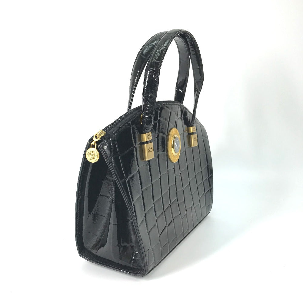VERSACE Handbag leather black vintage embossed Medusa logo Women Used Authentic