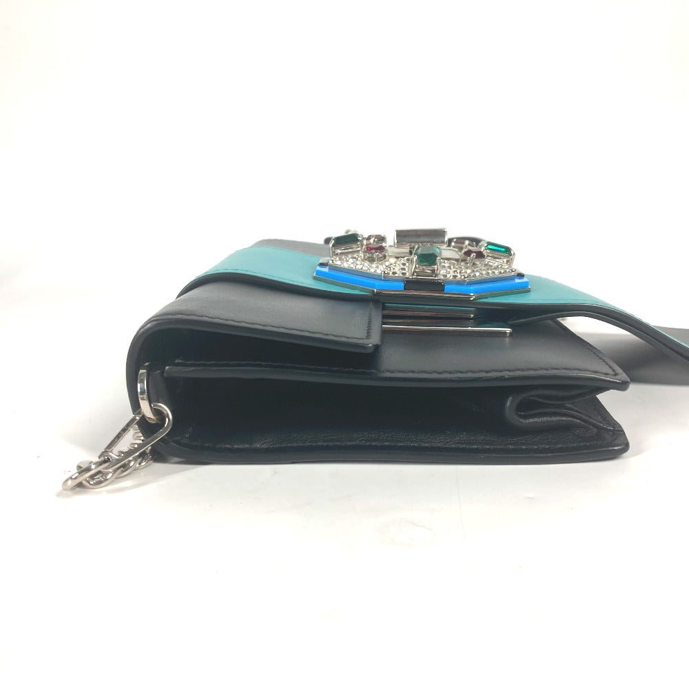 PRADA Shoulder Bag 1BD067 leather black 2WAY bag Chain Crystal rhinestones Women Used Authentic