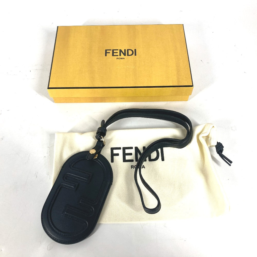FENDI Card Case leather black Bag charm FF logo