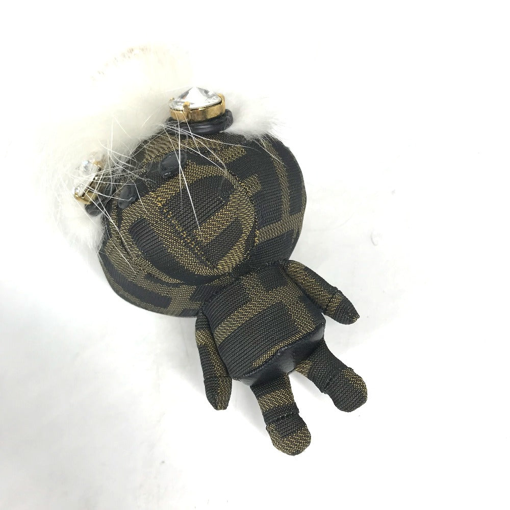 FENDI Bag charm canvas Brown Fur Rhinestones ZUCCA logo monster space monkey