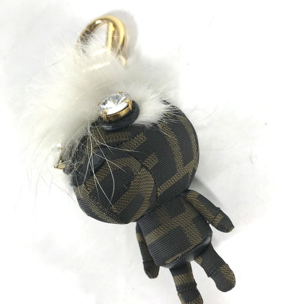 FENDI Bag charm canvas Brown Fur Rhinestones ZUCCA logo monster space monkey