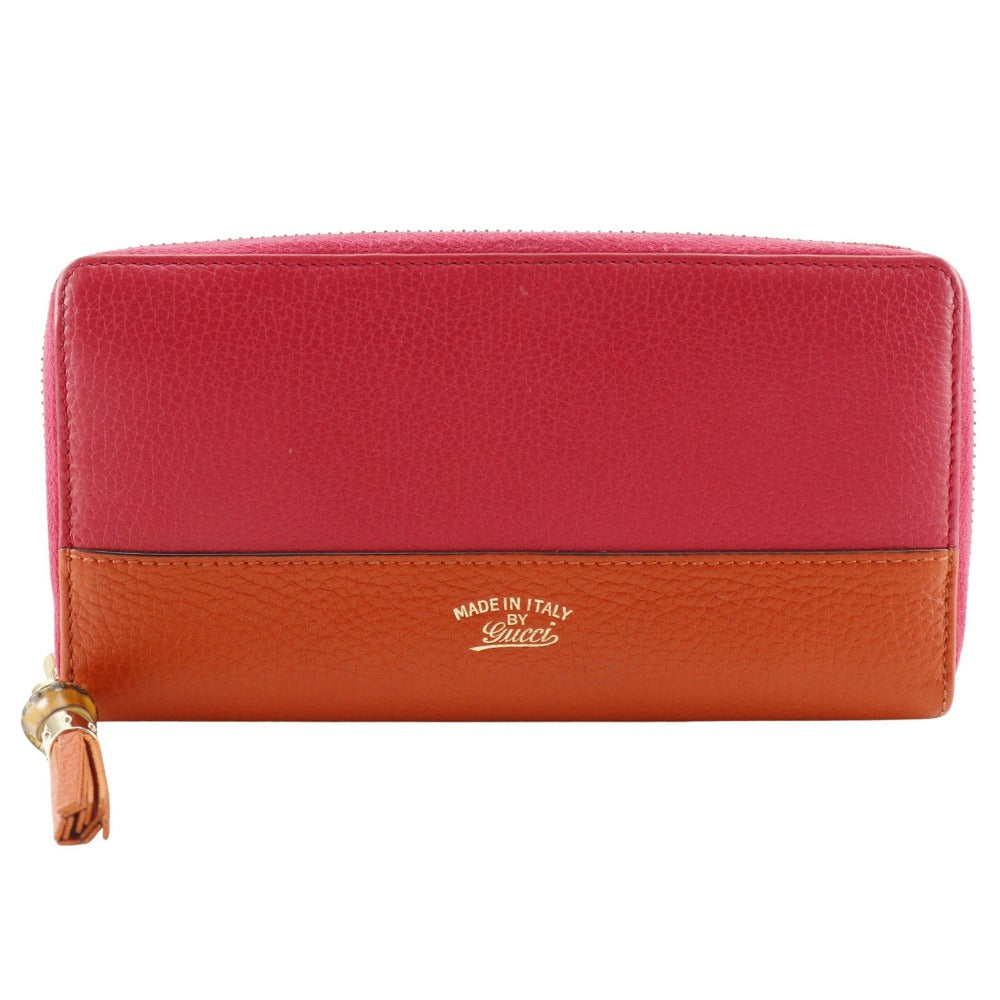 GUCCI Long Wallet Purse 307984 Calfskin Pink / Orange Bamboo tassel Zip Around