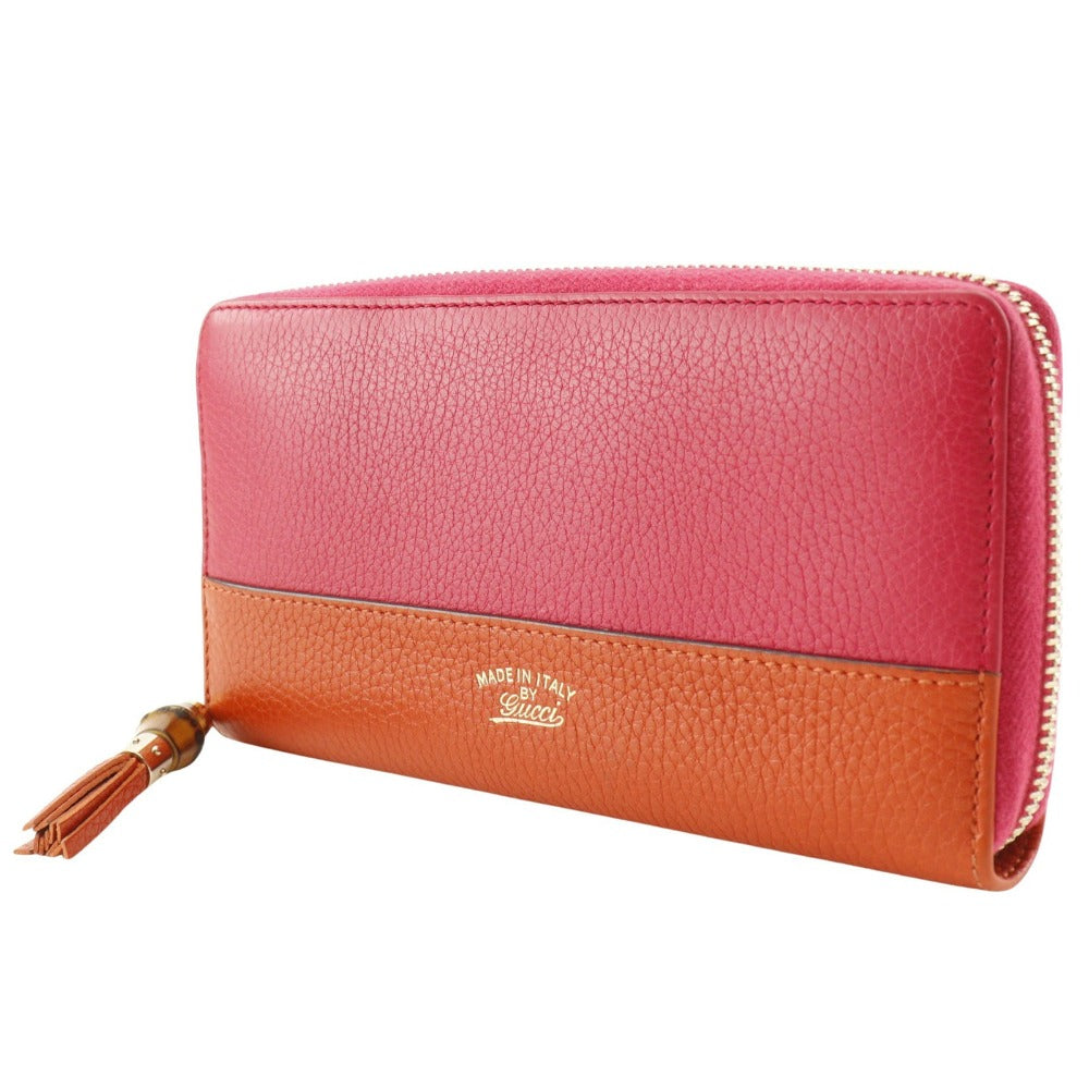 GUCCI Long Wallet Purse 307984 Calfskin Pink / Orange Bamboo tassel Zip Around