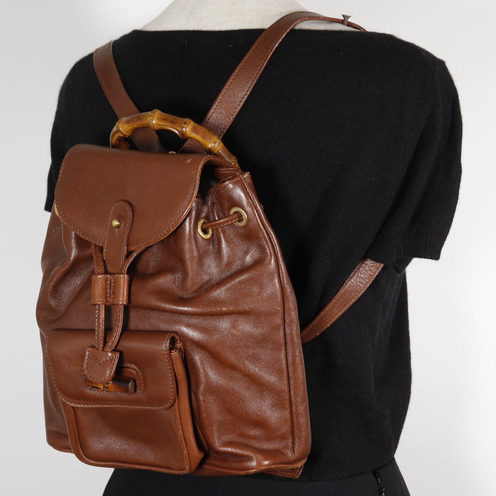 GUCCI Backpack leather Brown Old Gucci Bamboo handle