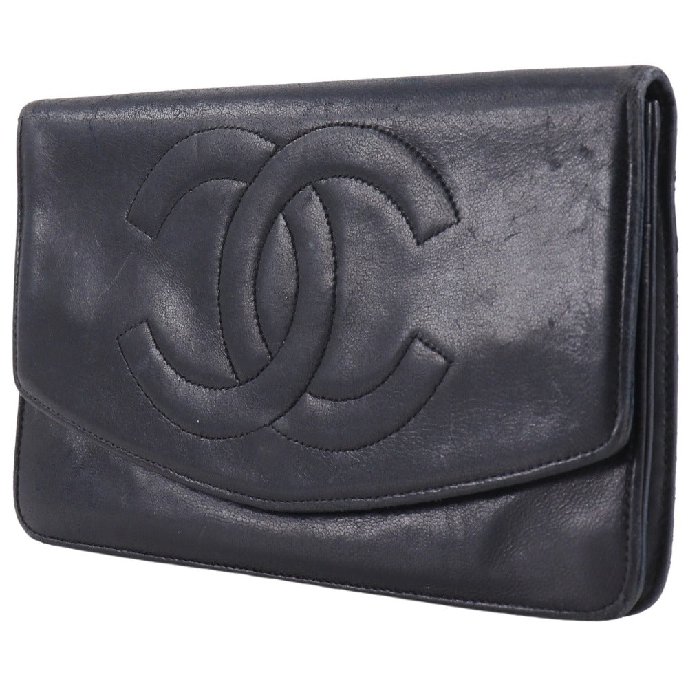 CHANEL Long Wallet Purse lambskin black vintage COCO Mark