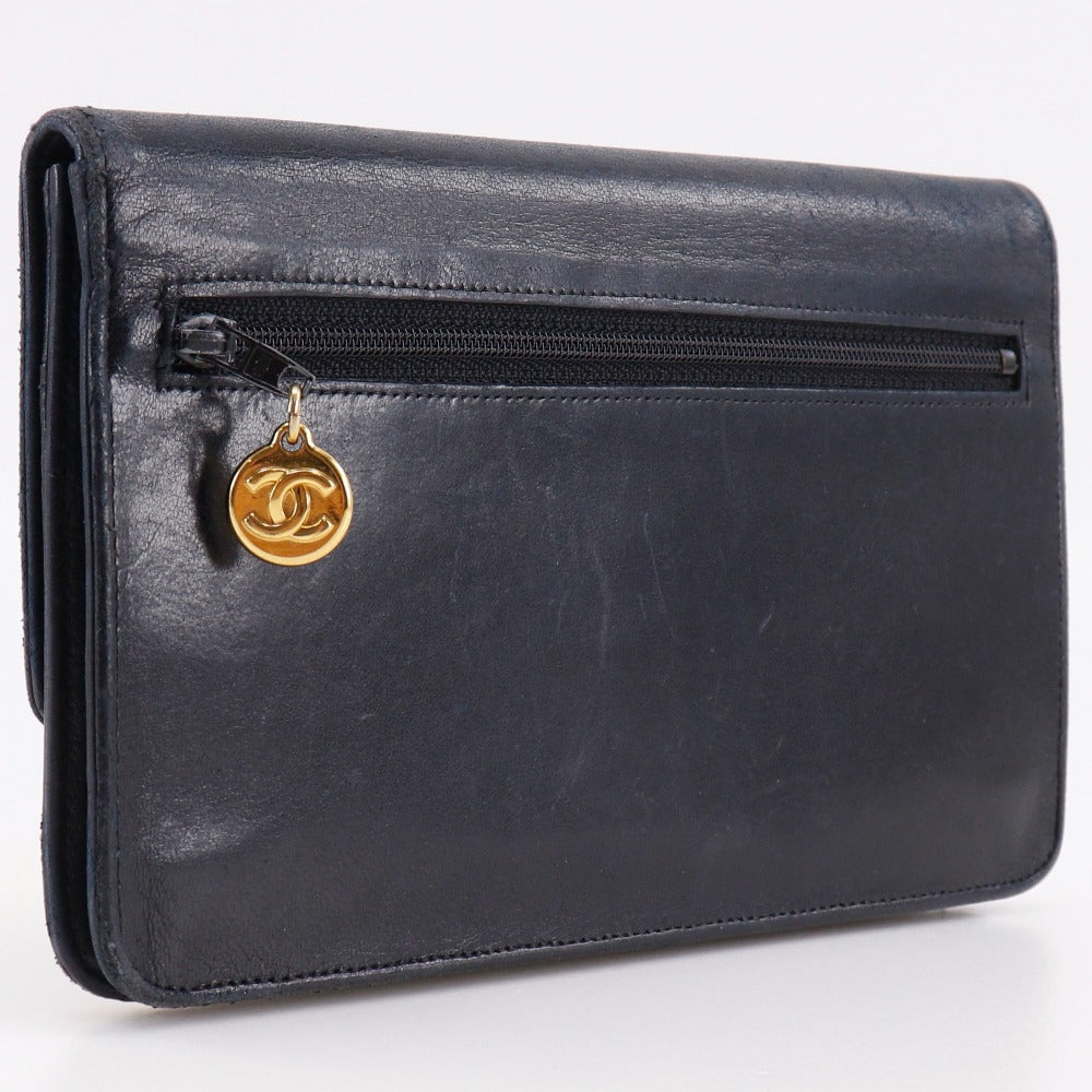 CHANEL Long Wallet Purse lambskin black vintage COCO Mark