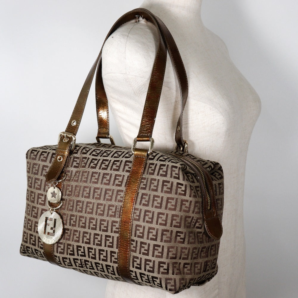 FENDI Shoulder Bag 8BL106-CNL Nylon canvas bronze Mini Boston Zucca Women Used Authentic