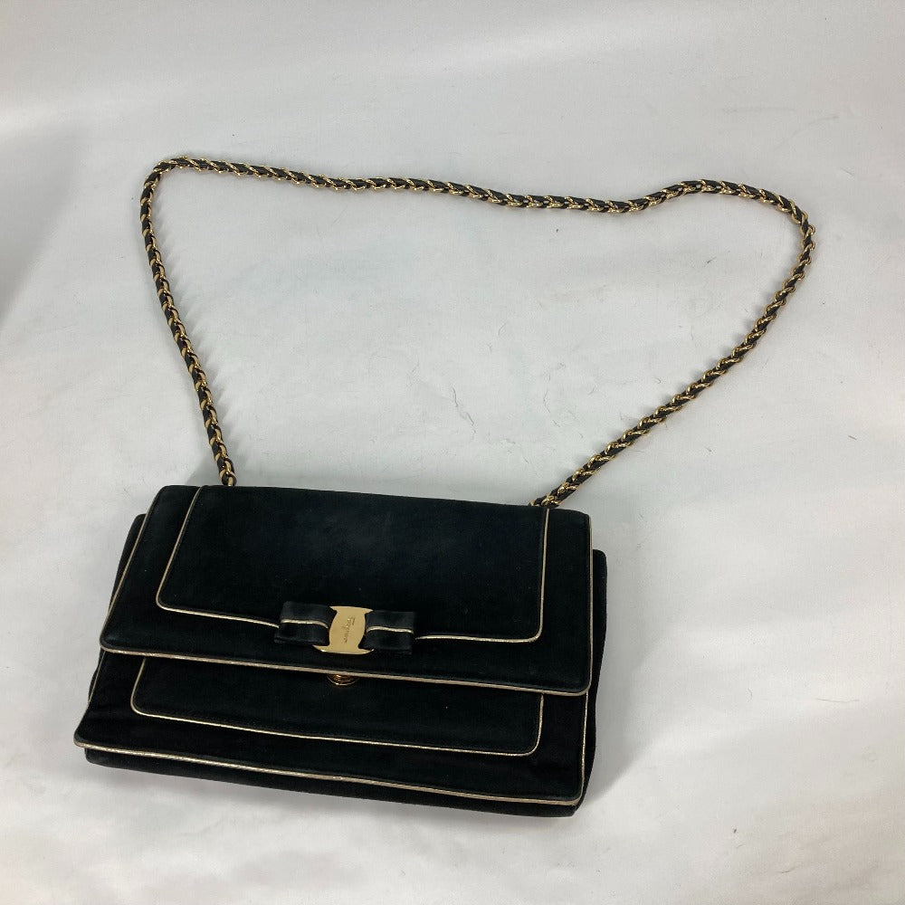 Salvatore Ferragamo Shoulder Bag suede black Crossbody bag Chain bag Women Used Authentic
