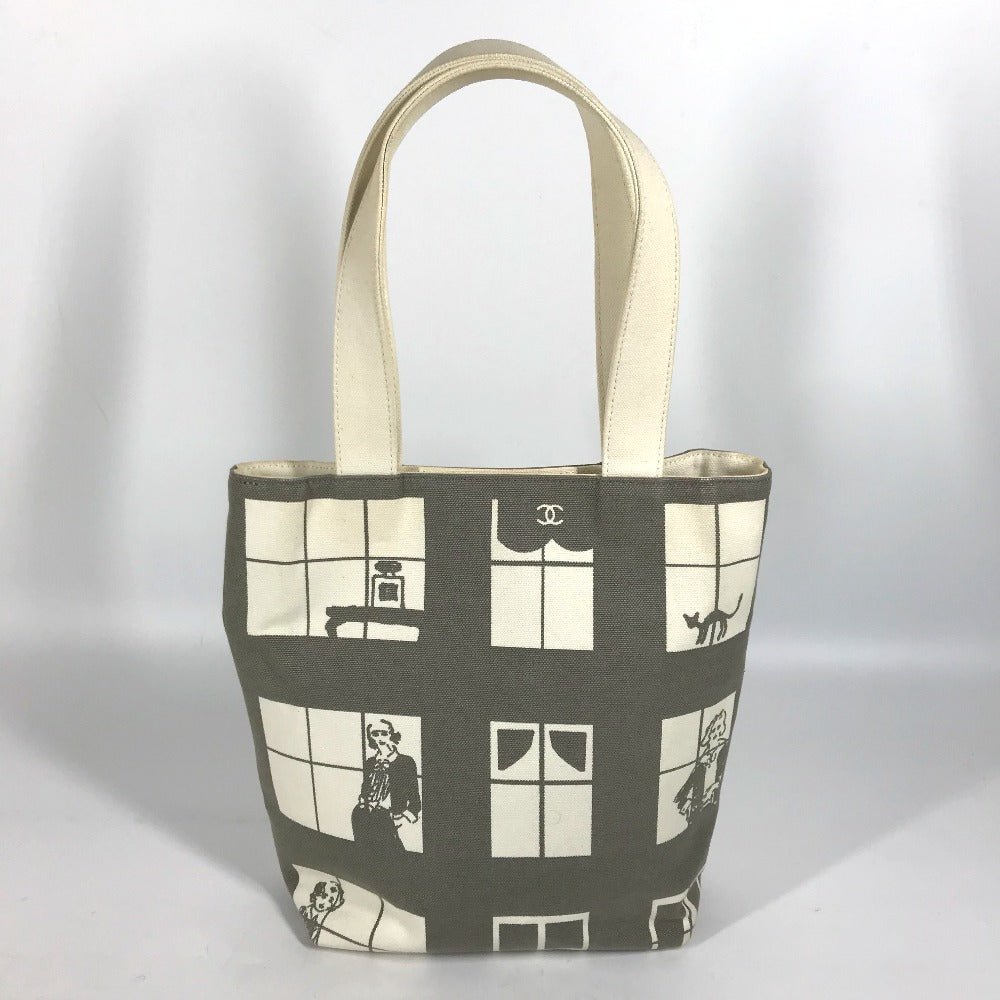 CHANEL Shoulder Bag canvas Gray x white Windows line Handbag