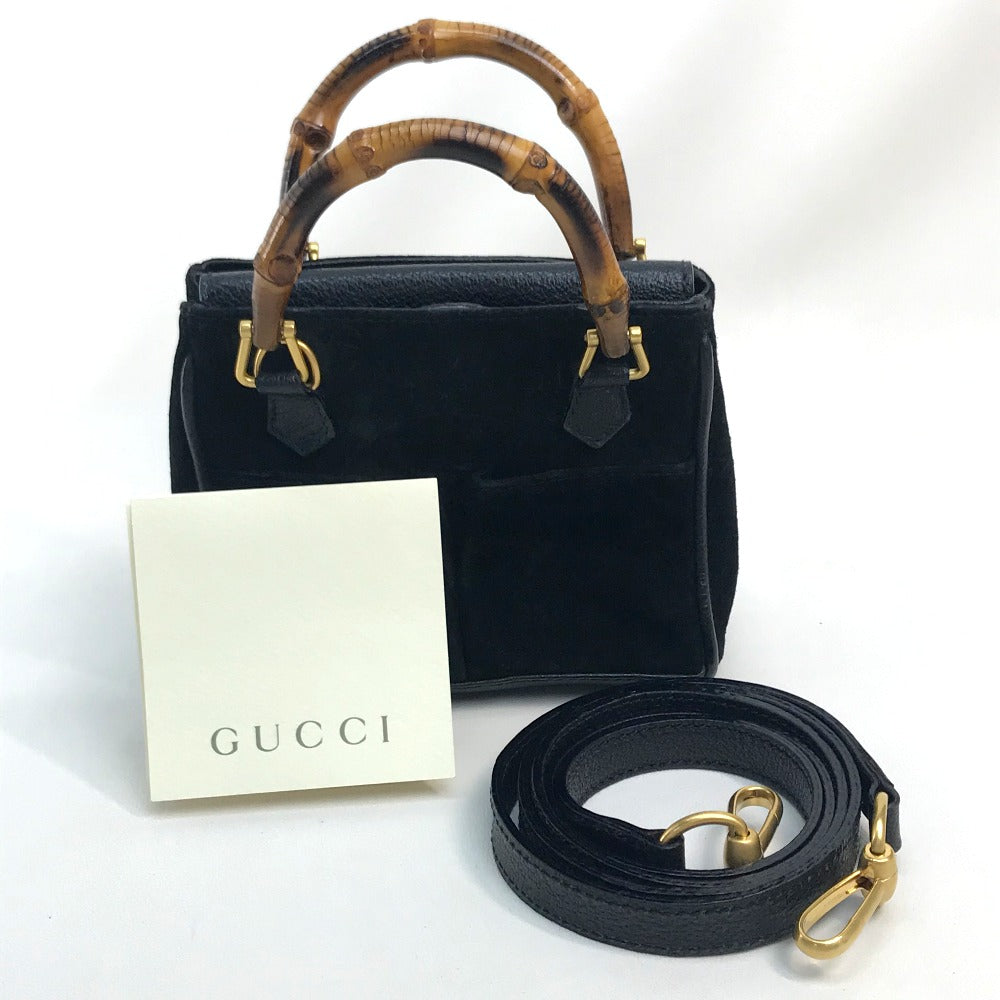 GUCCI Shoulder Bag Suede / leather Black x brown Pochette Bamboo