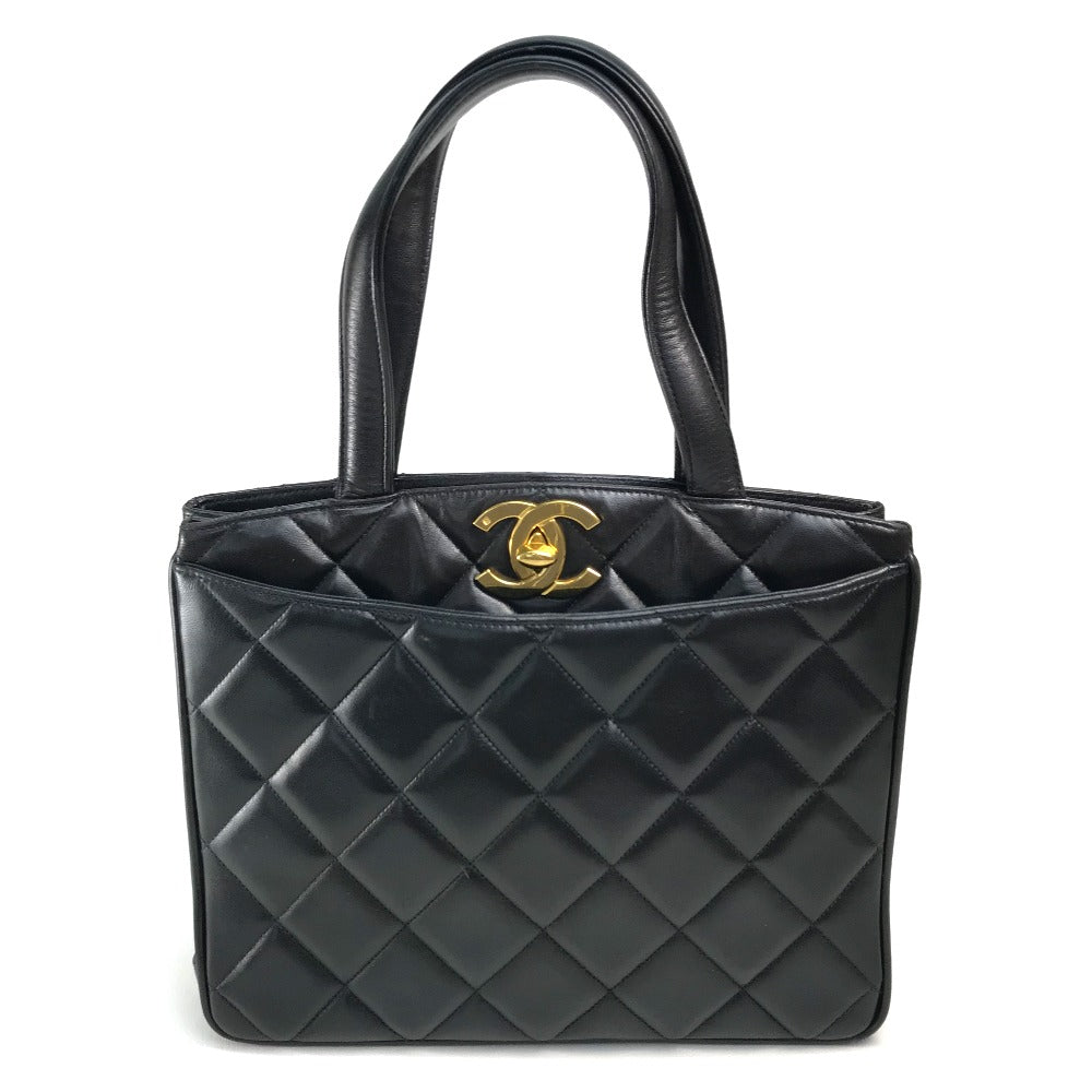 CHANEL Tote Bag lambskin Black x Gold Metal CC COCO Mark Matrasse quilting