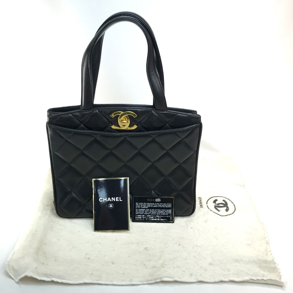 CHANEL Tote Bag lambskin Black x Gold Metal CC COCO Mark Matrasse quilting