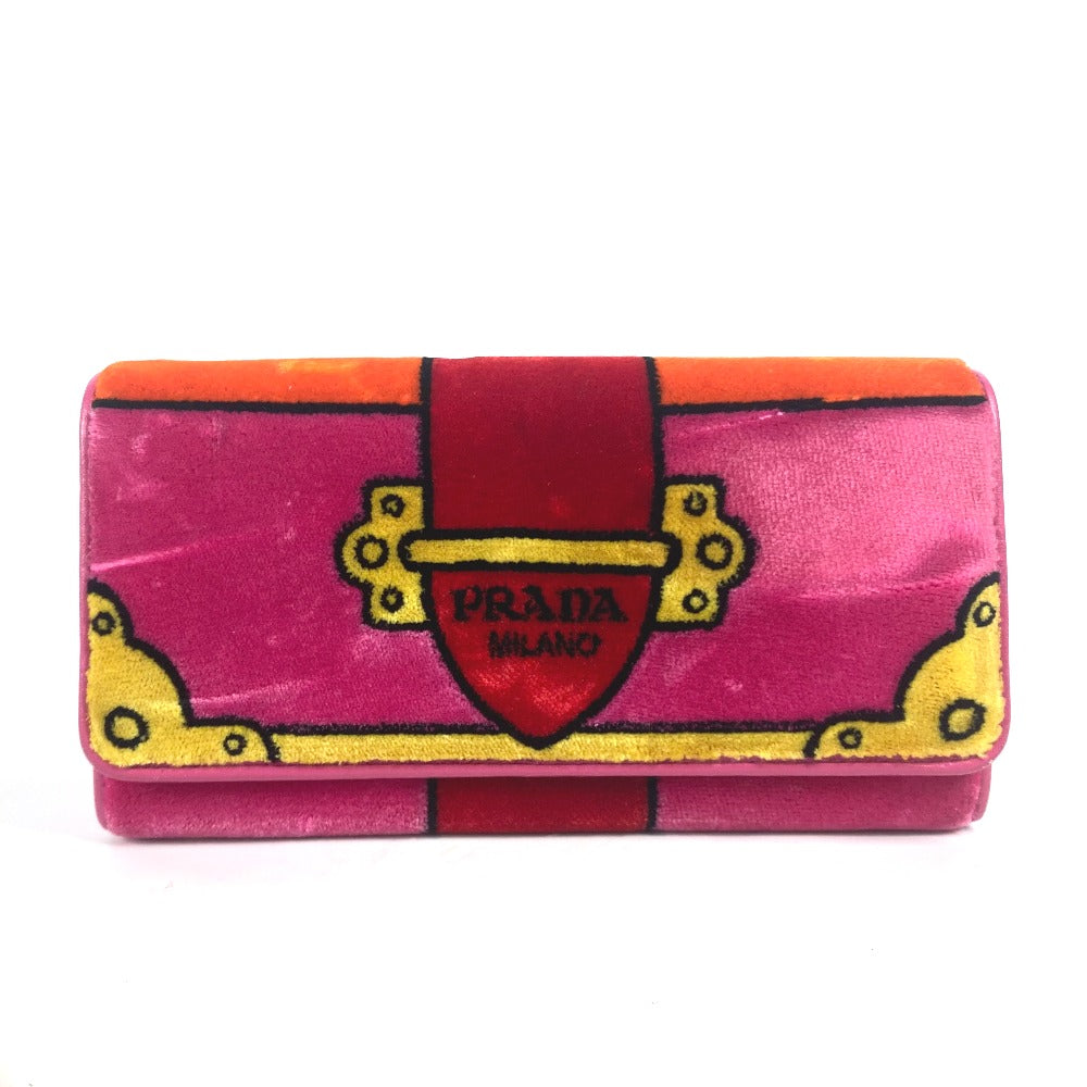 PRADA Long Wallet Purse 1MH019 velvet pink Long wallet logo Women Used Authentic