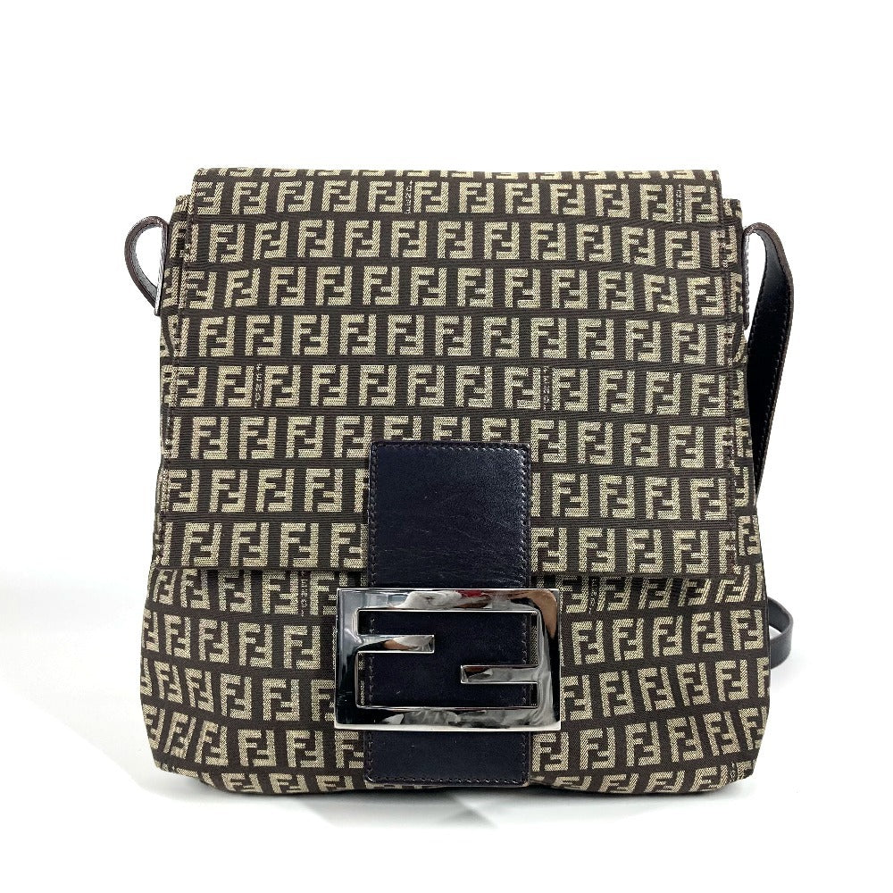 FENDI Shoulder Bag Leather / canvas Brown Zucchino FF logo