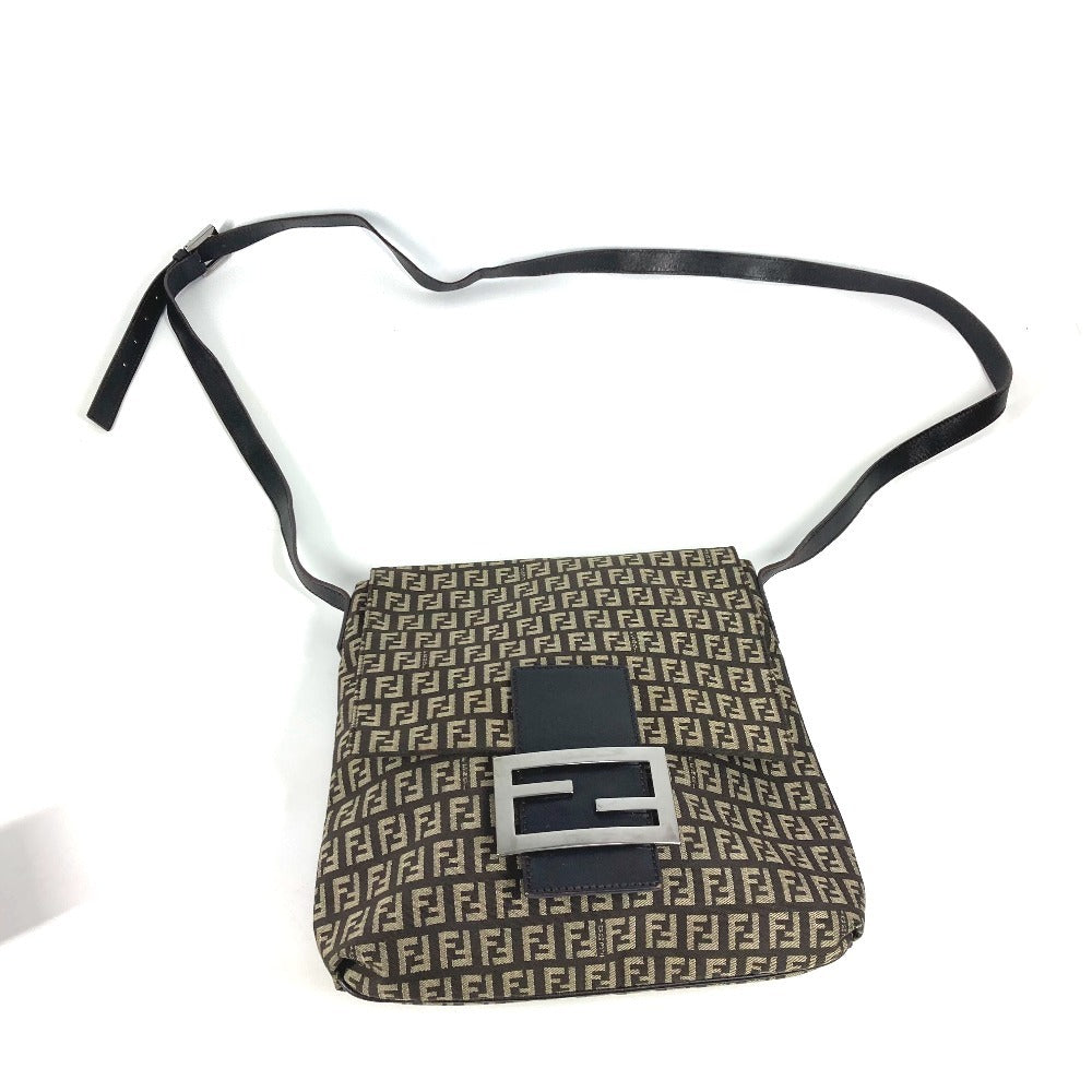 FENDI Shoulder Bag Leather / canvas Brown Zucchino FF logo
