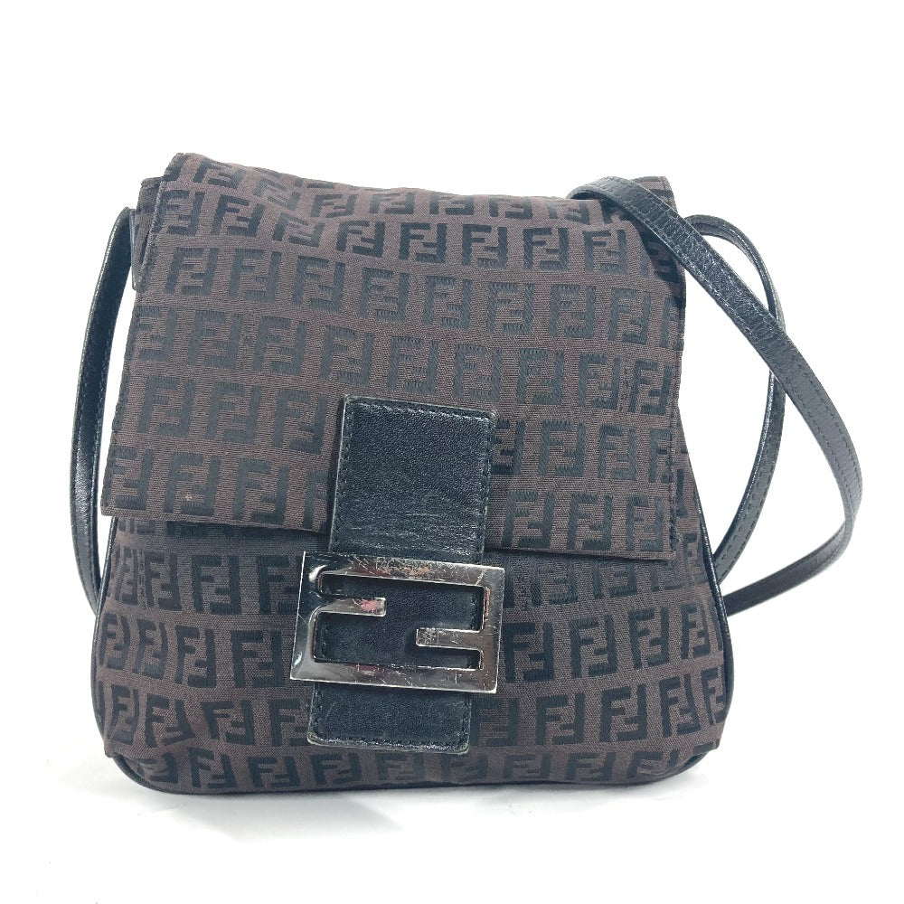 FENDI Shoulder Bag Leather / canvas Brown Zucchino logo flap