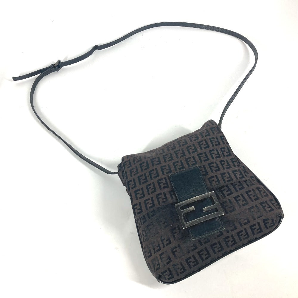 FENDI Shoulder Bag Leather / canvas Brown Zucchino logo flap