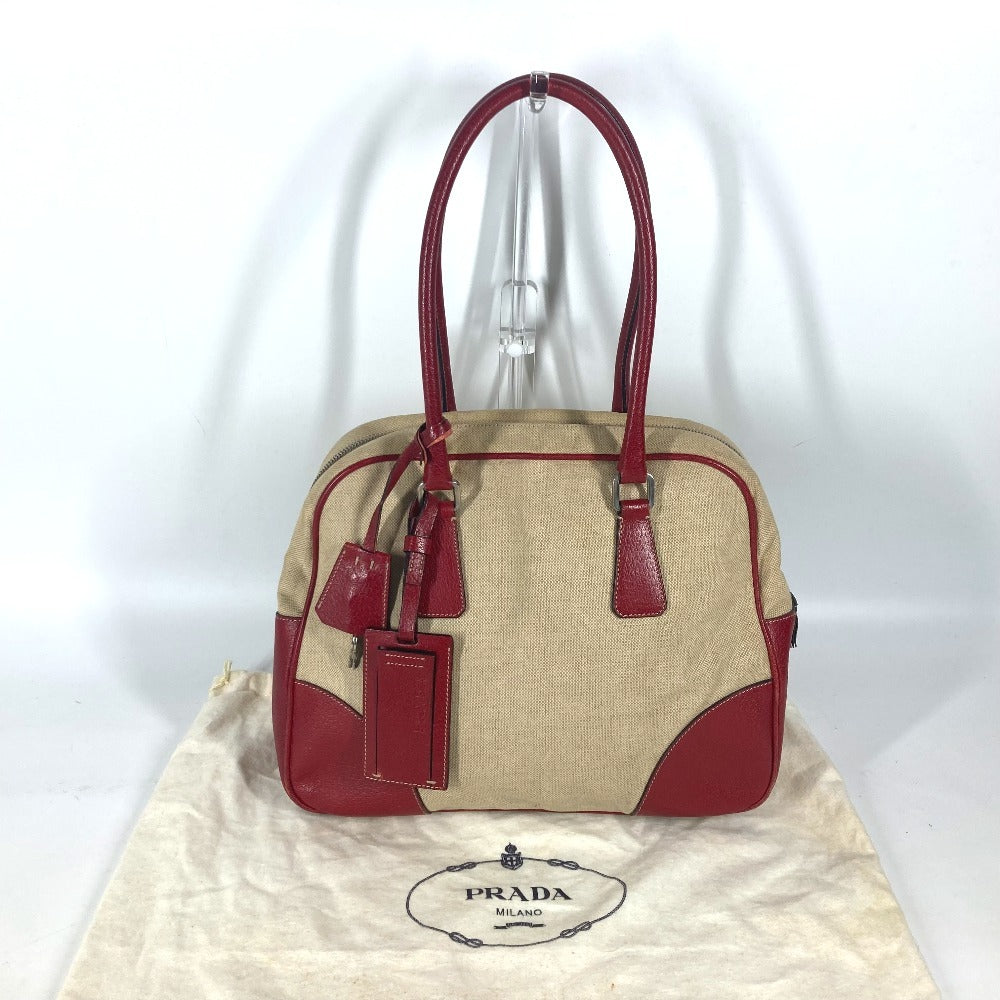 PRADA Shoulder Bag Leather / canvas beige By color Triangle logo plate