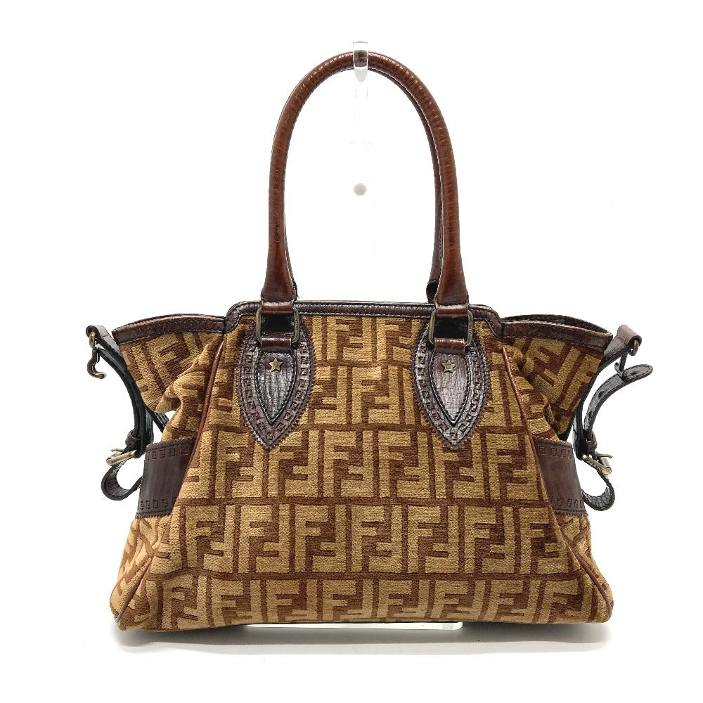 FENDI Handbag Leather / suede Brown ZUCCA FFPattern logo Etnico Women Used Authentic