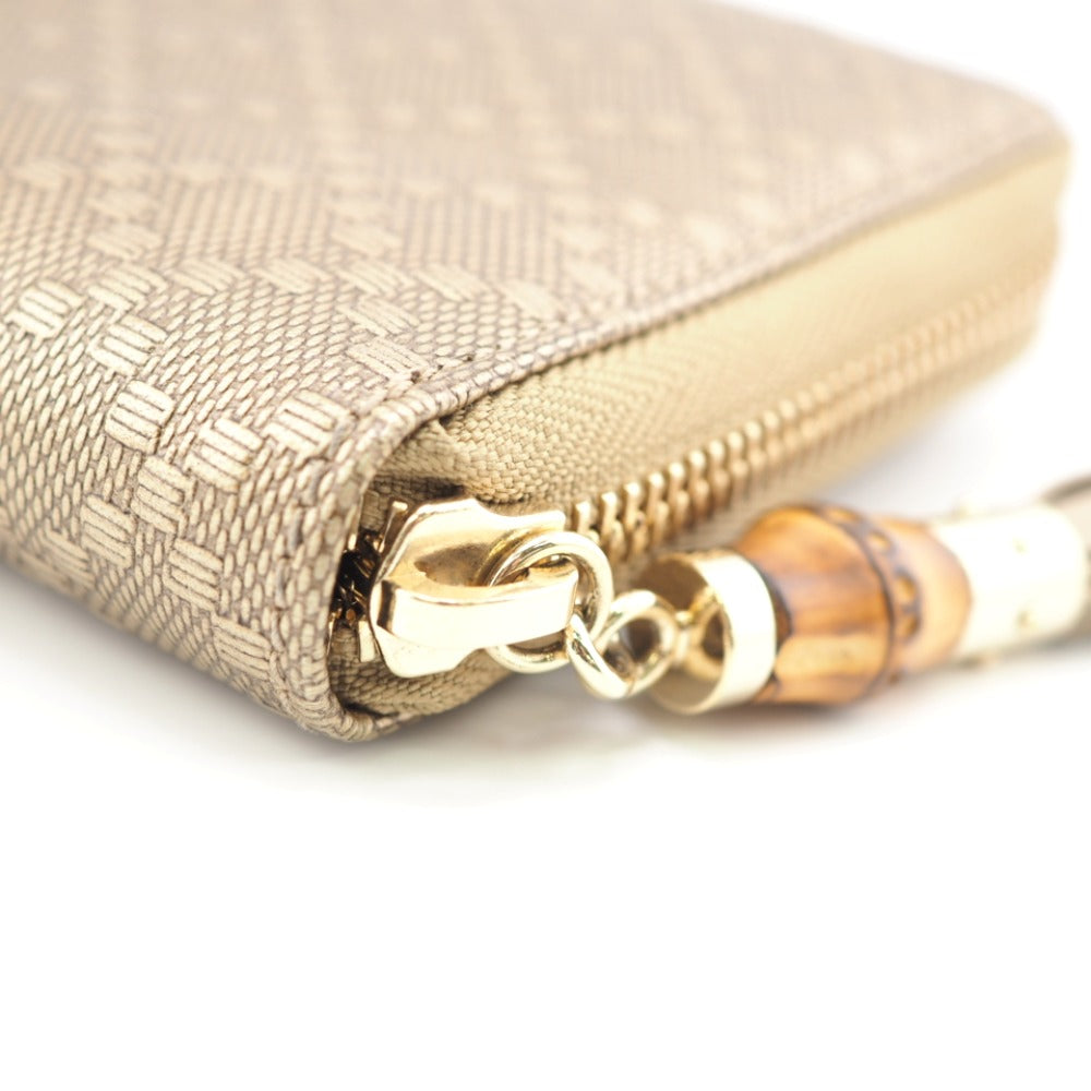 GUCCI Long Wallet Purse 224253 embossed calf leather Champagne Zip Around Bamboo Diamante Women Used Authentic