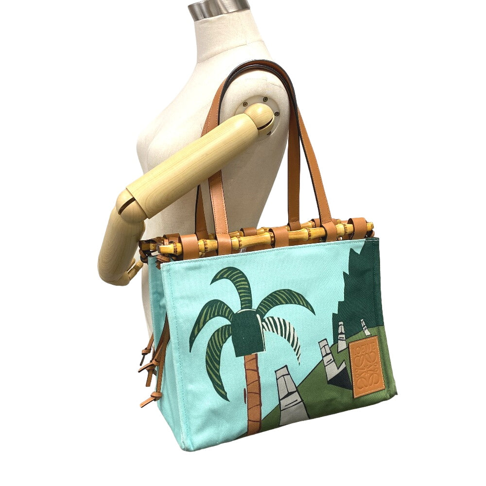 LOEWE Tote Bag Canvas, Leather Light blue Bamboo cushion Women Used Authentic