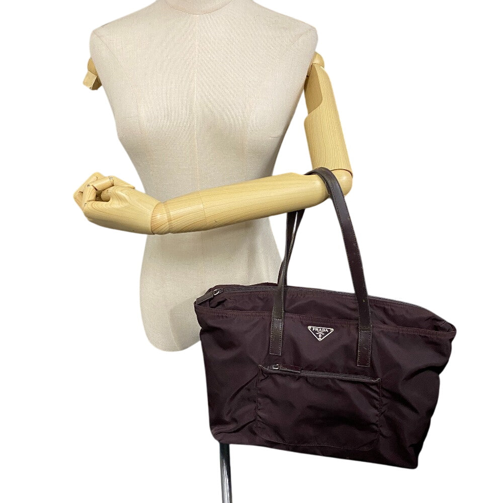 PRADA Tote Bag Nylon, Leather wine-red Triangle logo