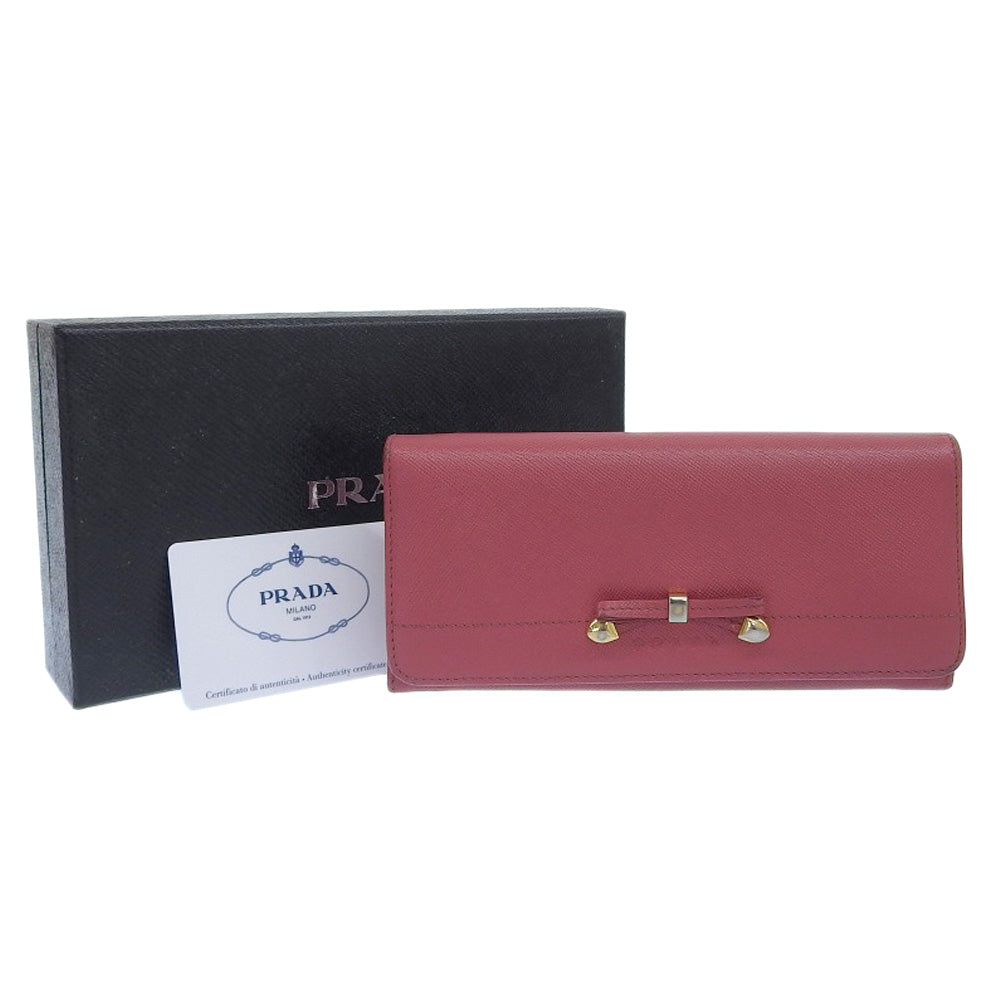 PRADA Long Wallet Purse 1M1132 Safiano pink ribbon Women Used Authentic