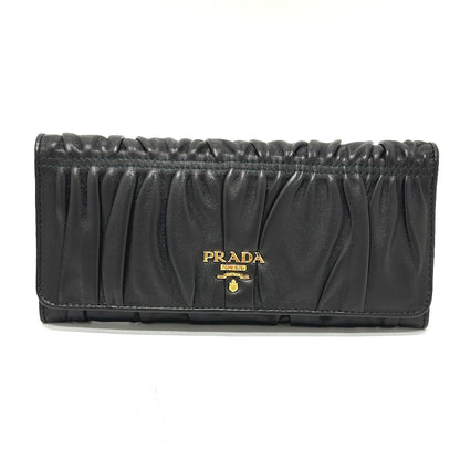 PRADA Long Wallet Purse 1M1132 leather black logo Gathered