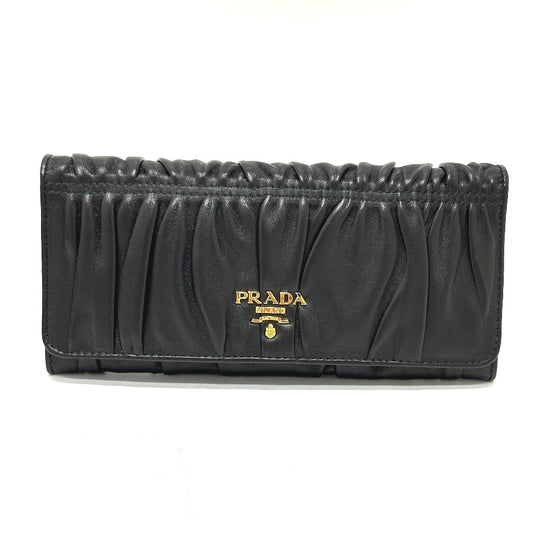 PRADA Long Wallet Purse 1M1132 leather black logo Gathered