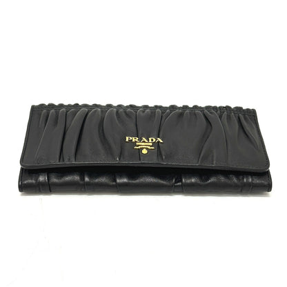 PRADA Long Wallet Purse 1M1132 leather black logo Gathered