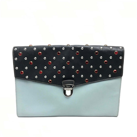 PRADA Clutch bag VR074C leather black Safiano Bijou x studs
