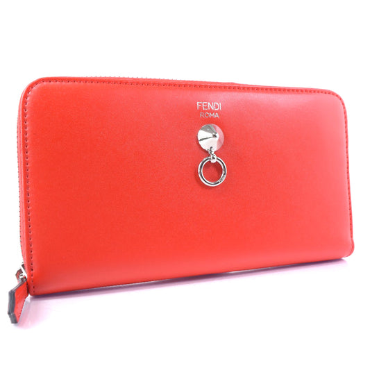 FENDI Long Wallet Purse Calfskin Red Zip Around Dot com Women Used Authentic