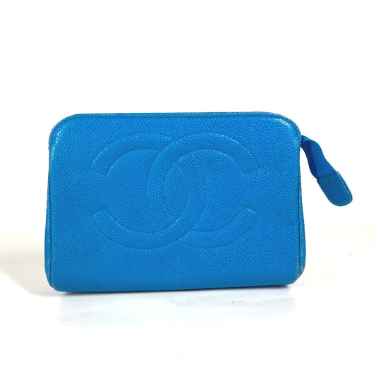 CHANEL Pouch Caviar skin blue Multi pouch CC COCO Mark