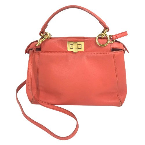 FENDI Handbag 8BN244 leather Salmon pink type Shoulder Crossbody Mini Pea Kaboo Women Used Authentic