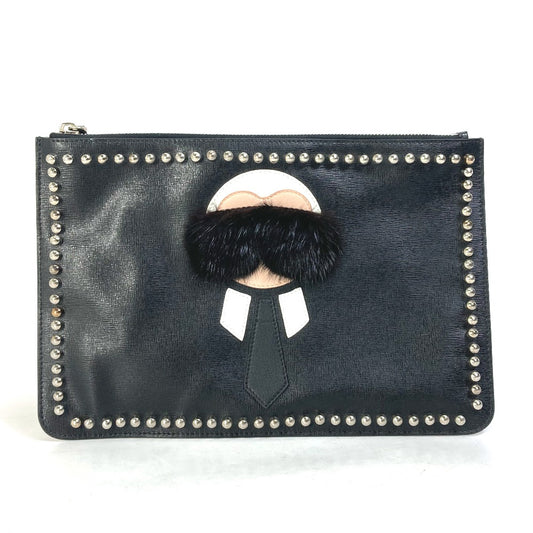 FENDI Clutch bag Leather, Fur black studded pouch Karl Lagerfeld Carlito mens Used Authentic