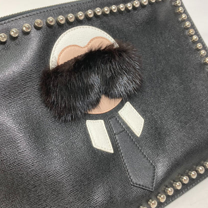 FENDI Clutch bag Leather, Fur black studded pouch Karl Lagerfeld Carlito
