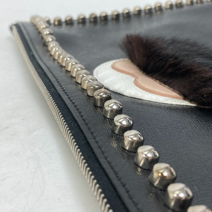 FENDI Clutch bag Leather, Fur black studded pouch Karl Lagerfeld Carlito