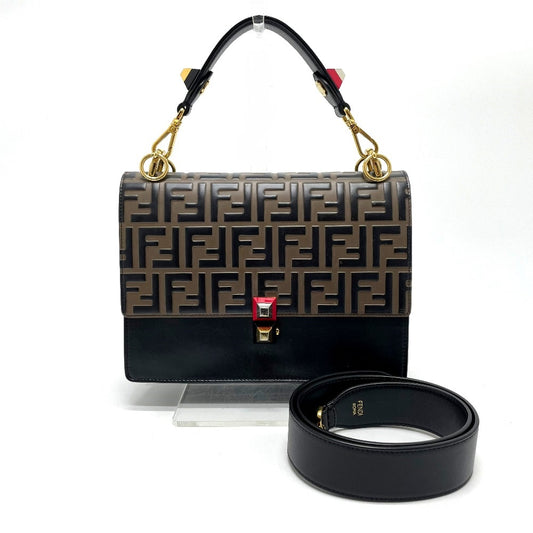 FENDI Handbag 8BT283 leather Brown x black FF Zucca Canai Women Used Authentic