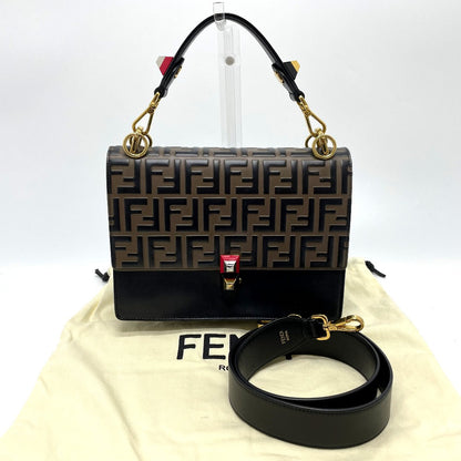 FENDI Handbag 8BT283 leather Brown x black FF Zucca Canai Women Used Authentic