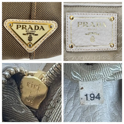 PRADA Tote Bag canvas Beige Gold Metal Logo jacquard