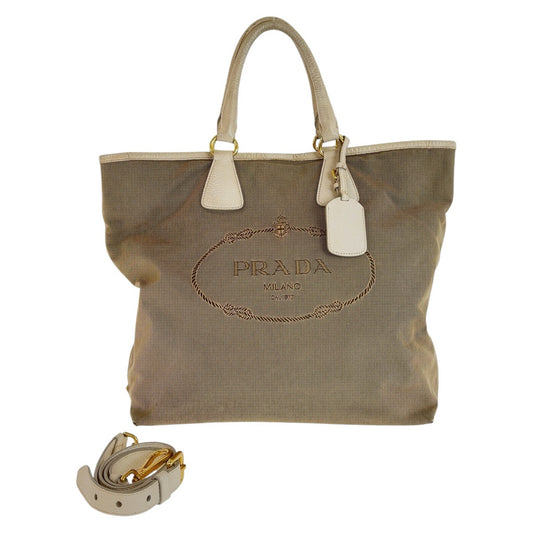PRADA Tote Bag canvas Beige Gold Metal Logo jacquard