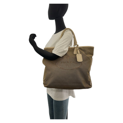 PRADA Tote Bag canvas Beige Gold Metal Logo jacquard