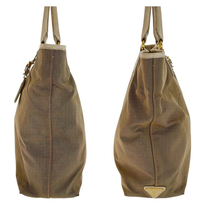PRADA Tote Bag canvas Beige Gold Metal Logo jacquard