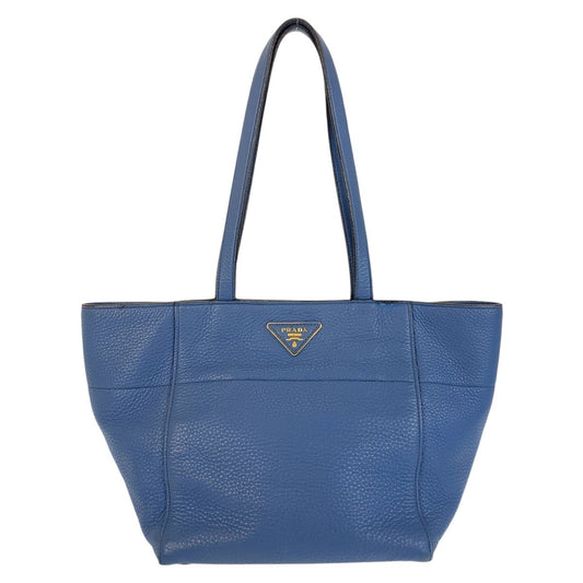 PRADA Tote Bag leather Blue GoldMetal Triangle With logo
