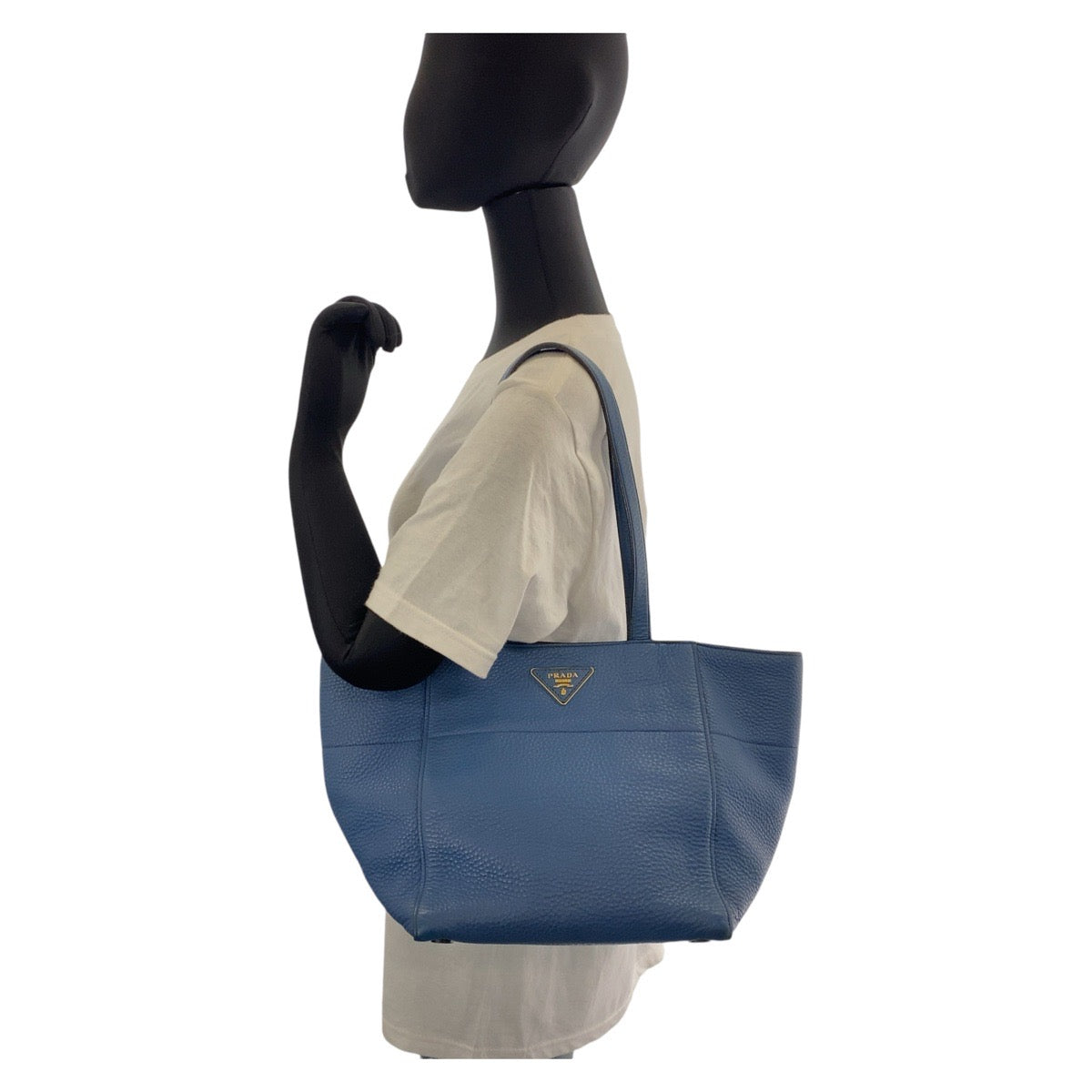 PRADA Tote Bag leather Blue GoldMetal Triangle With logo