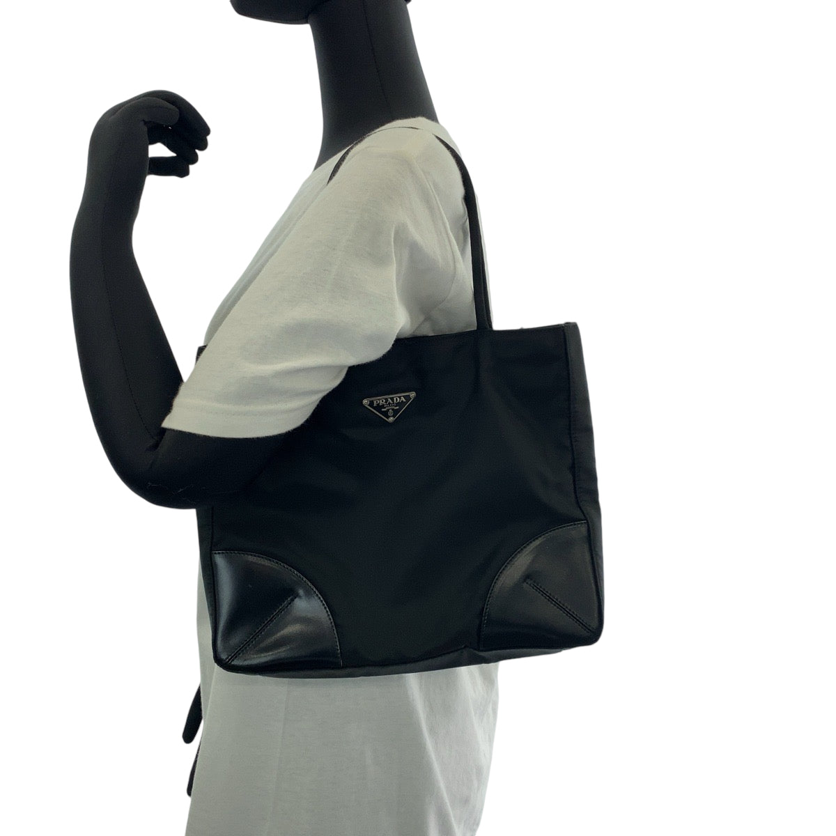 PRADA Tote Bag Nylon Black SilverMetal Triangle With logo